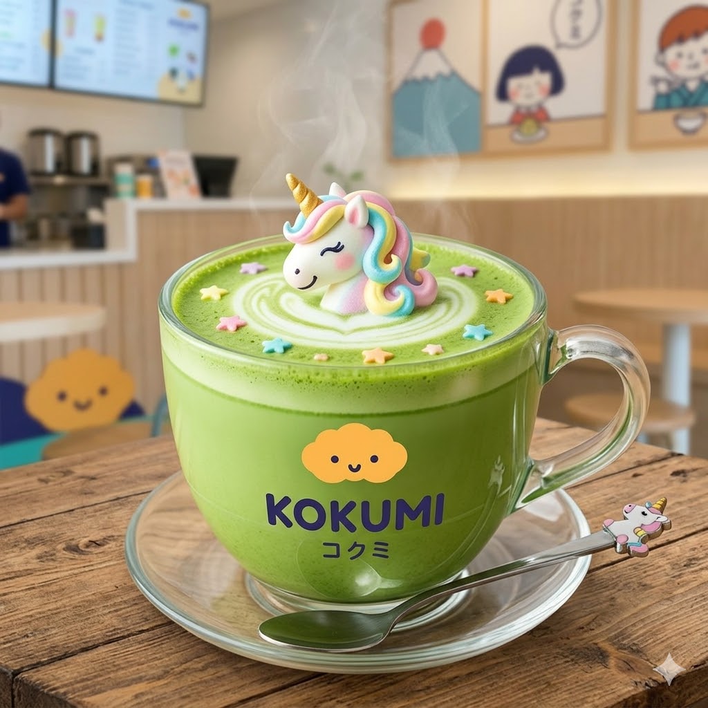 Unicorn Matcha – Hot matcha milk dengan unicorn meringue